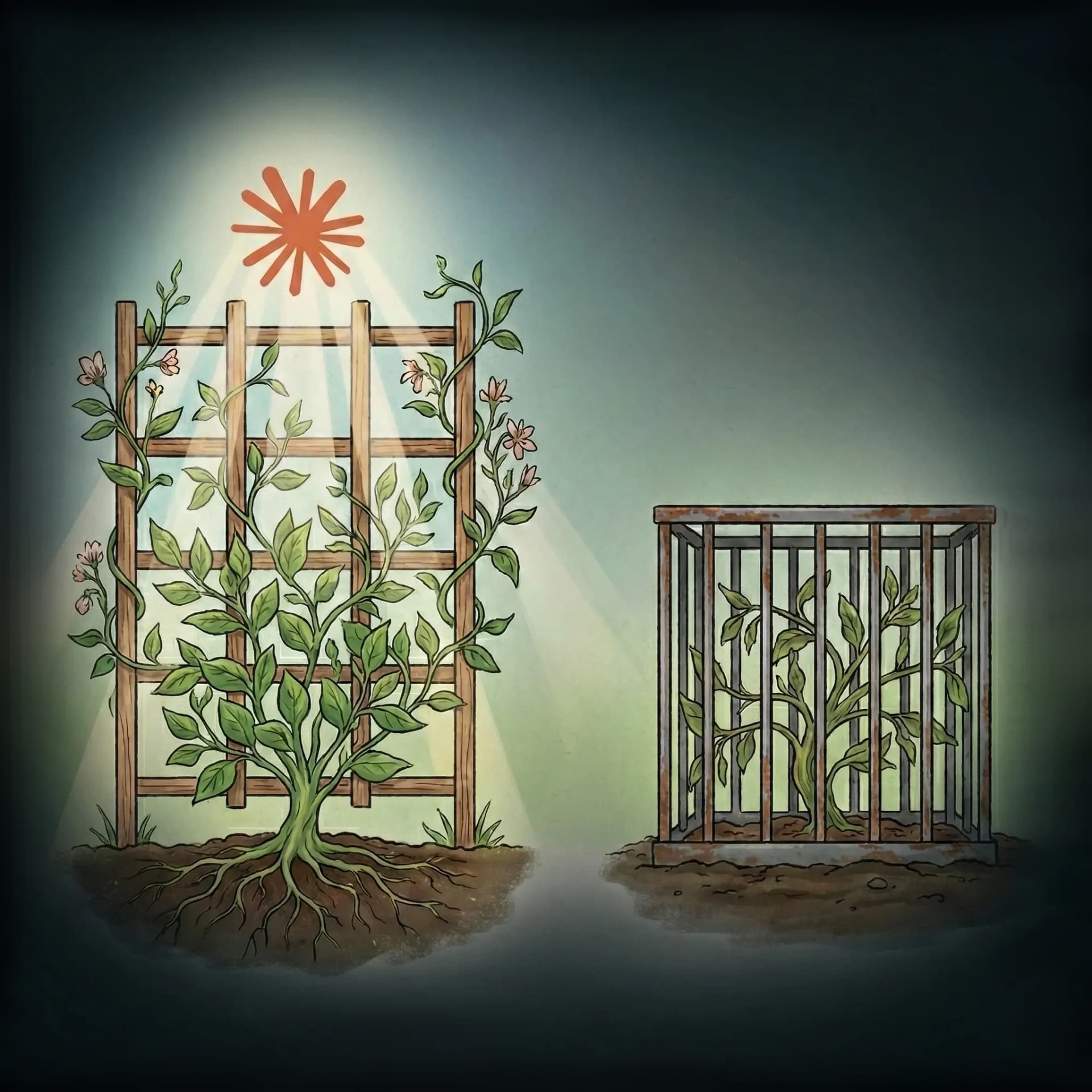 A trellis supporting healthy growth beside a cage restricting it.